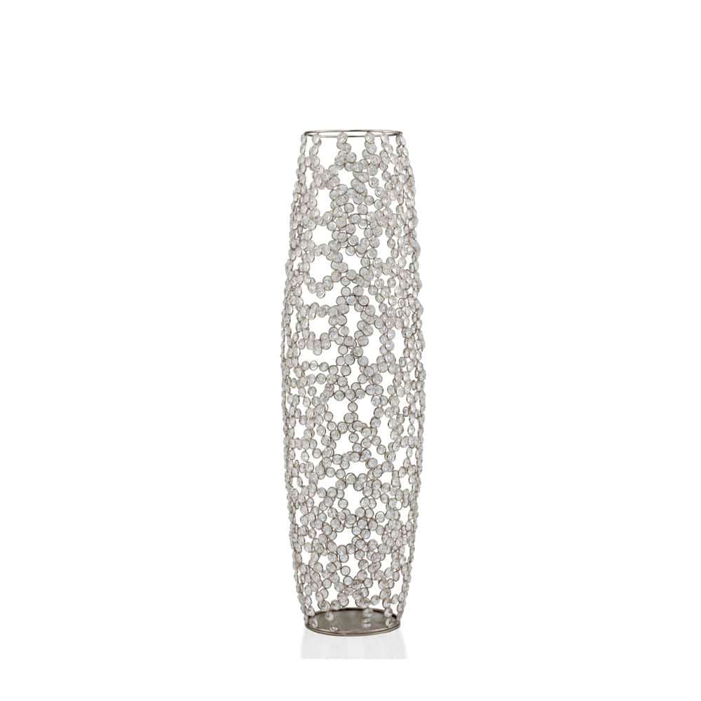 HomeRoots 32" Silver Cylinder Crystal Glass Floor Vase With Faux Crystals