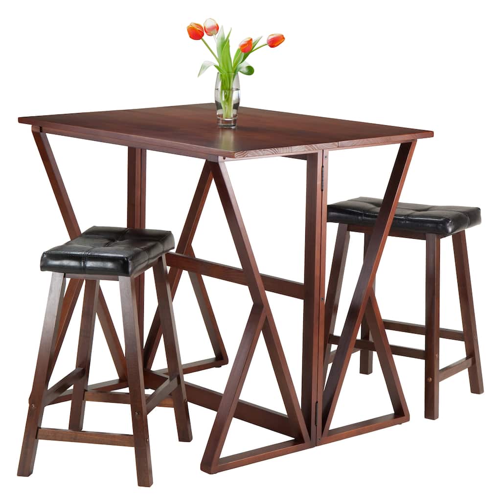 3-Pc Drop Leaf Table with Cushion Saddle Seat Counter Stools, Walnut and Black