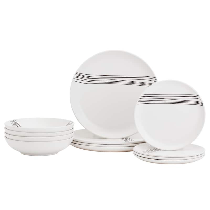 Tabletops Gallery Skye 12 Piece Stoneware Dinnerware Set in White with Black Stripes - Service for 4