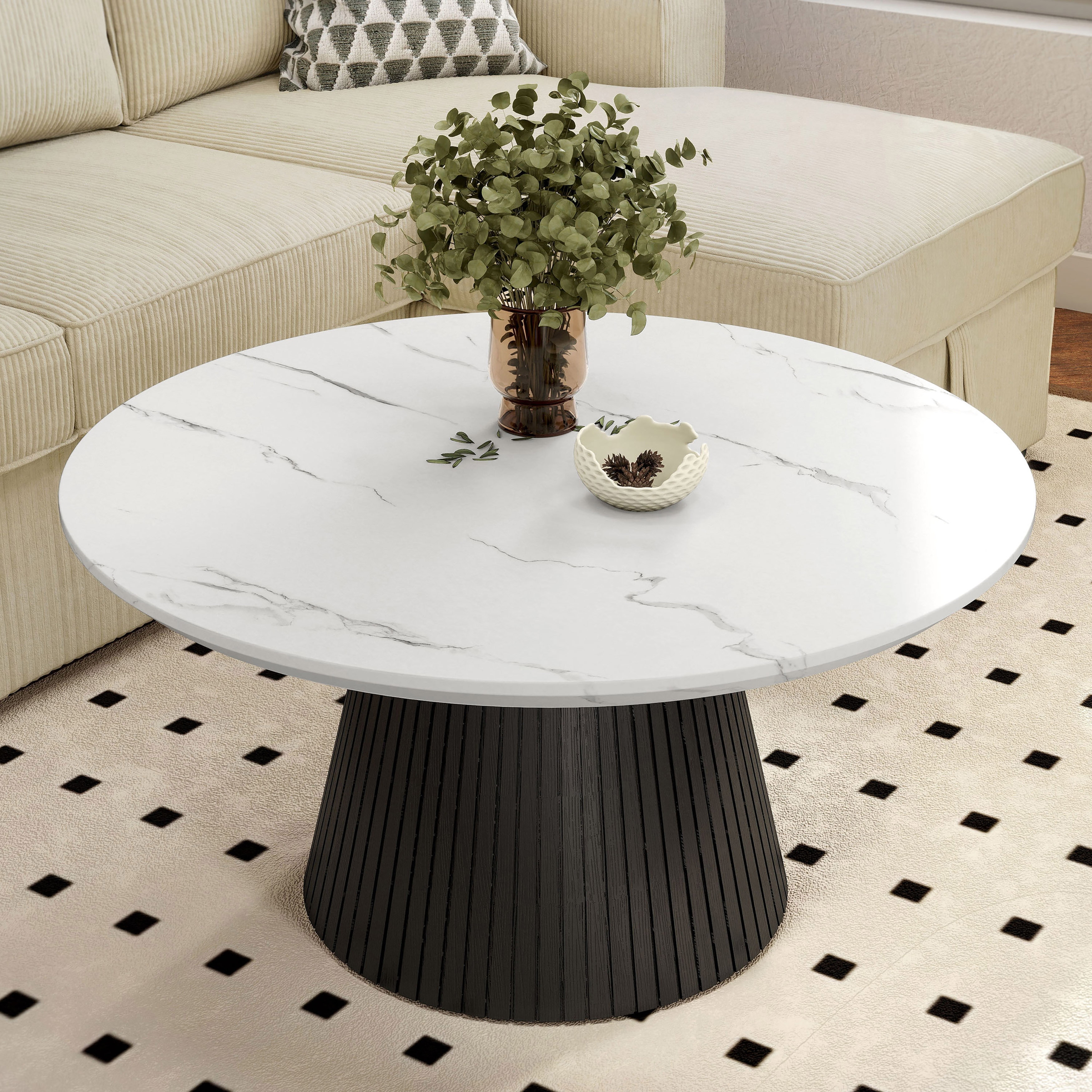 Modern White & Black Faux Marble Round Coffee Table