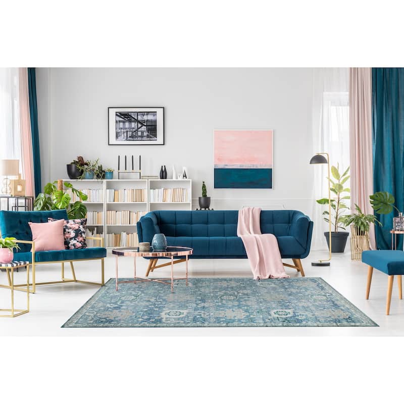 Blue Classic Oriental Oushak Area Rug, Elegant Hand-Knotted Soft Texture for Modern Interiors - L