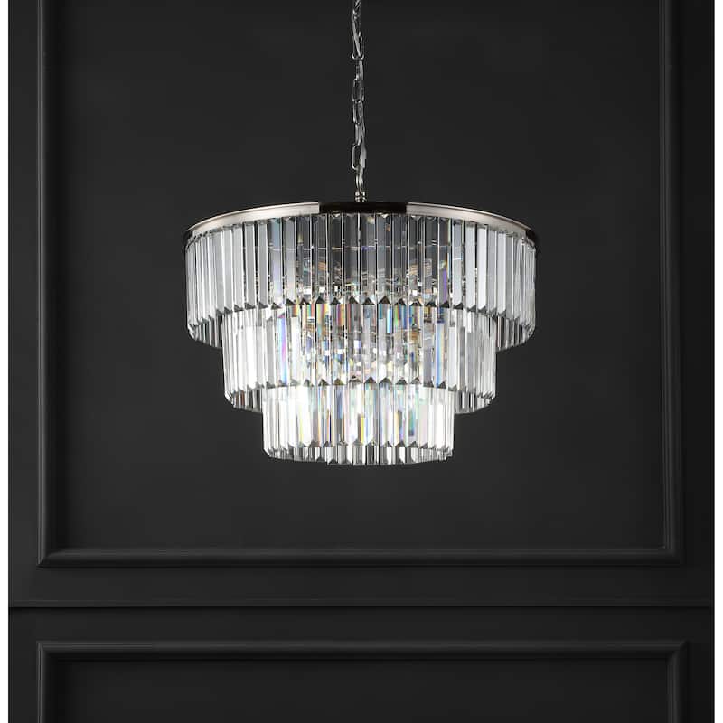 SAFAVIEH Couture Karissa Art Deco 3 Tier Chandelier - 24 IN W x 24 IN D x 21 / 69 IN H - Nickel.