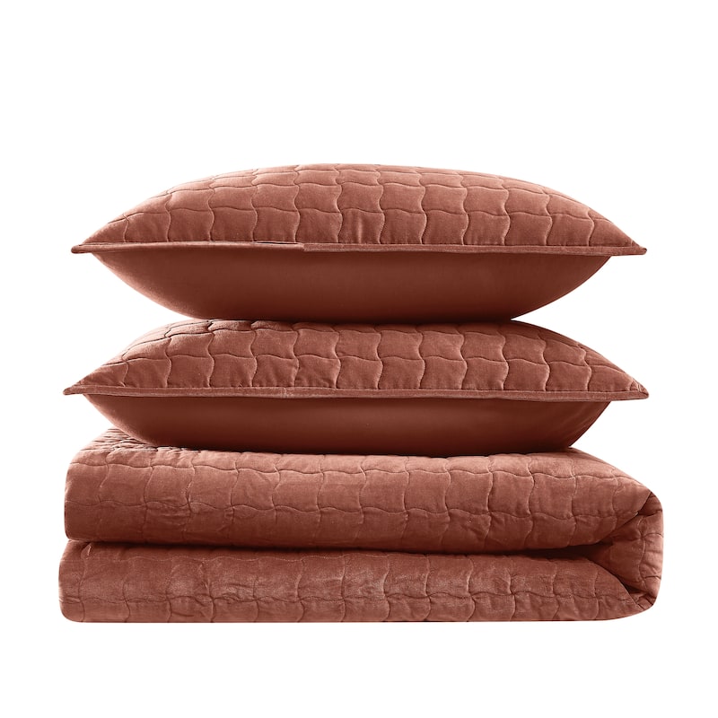 Brooklyn Loom Matte Cotton Velvet Wavy Square Quilt Set - Twin - Twin XL - Rust - 2 Piece