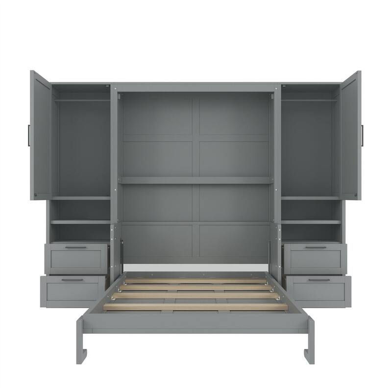 Full Size Murphy Bed Wall Bed with 2 Wardrobes and 4 Storage Drawers, Foldable Space Saving Murphy Cabinet Bed with Open Shelves