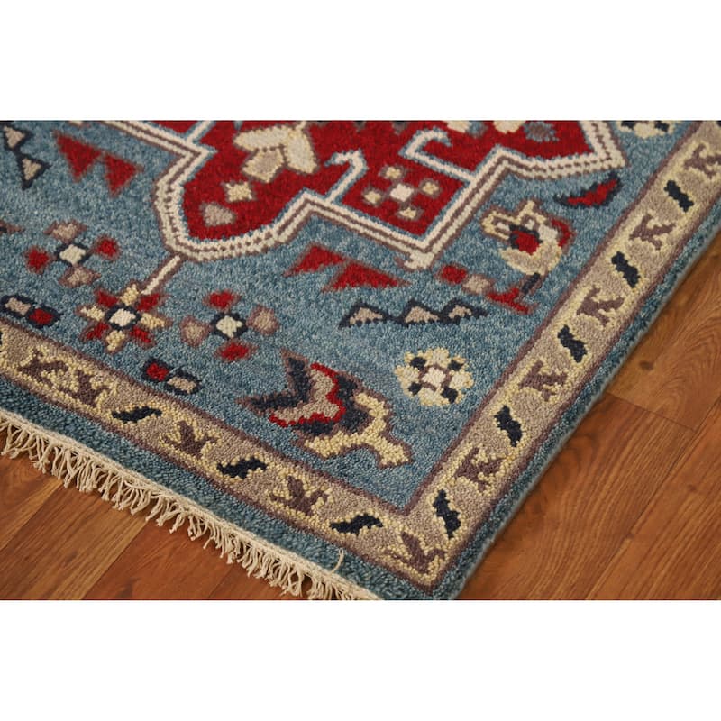 Light Blue Heriz Serapi Indian Runner Rug Hand-Knotted Wool Carpet - 2'7" x 7'11"