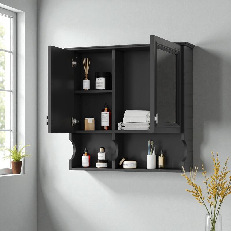 30" Wall Mounted Mirror Medicine Cabinet with Adjustable Shelf, Bathroom Storage Cabinet with Doors and Open Shelves