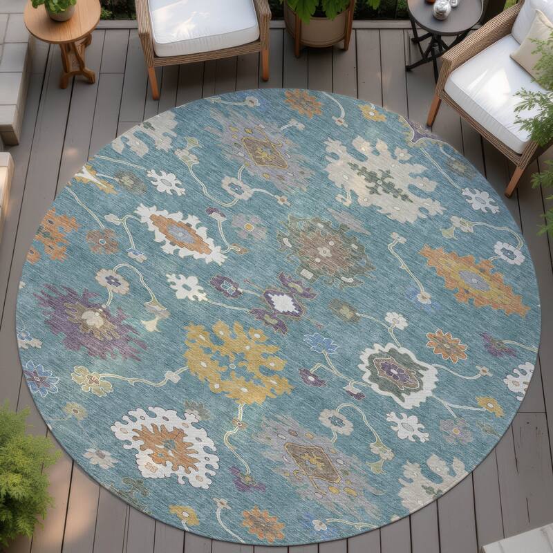 Machine Washable Indoor/ Outdoor Traditonal Delhi Chantille Rug - Teal - 8' x 8'