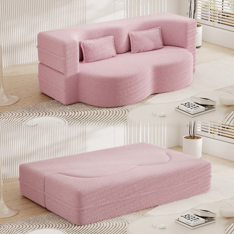 Full-Size Convertible Sofa Bed, Teddy Fabric Sleeper Couch with Foam-Filled Support and 2 Free Pillows for Living Room - Pink