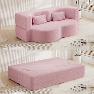 Full-Size Convertible Sofa Bed, Teddy Fabric Sleeper Couch with Foam-Filled Support and 2 Free Pillows for Living Room