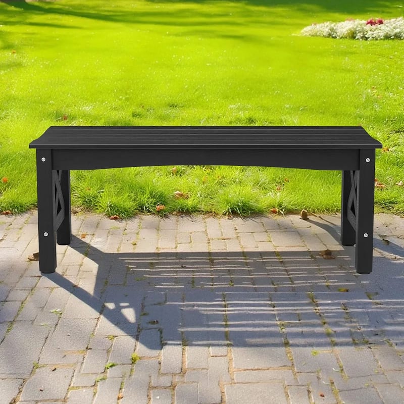 Black Plastic Backless Garden Bench with Cross-Leg Design for Comfortable 2-Person Seating - 44.5” x 15.7” x 17.1”