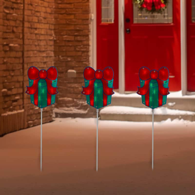 Set of 3 Lighted Holographic Christmas Gift Box Pathway Markers 4.75'