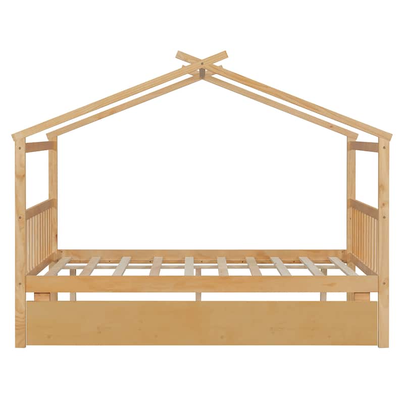 Full Size Wooden House-Shaped Bed With Twin Size Trundle