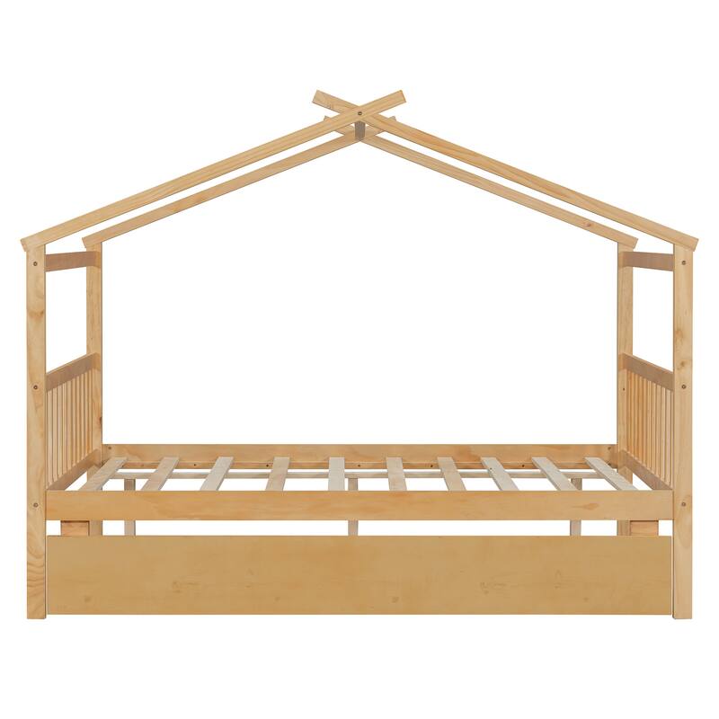 Roomfitters Full Size Wooden House Bed with Trundle, Solid Pine Frame, Space-Saving Platform Bed, Natural