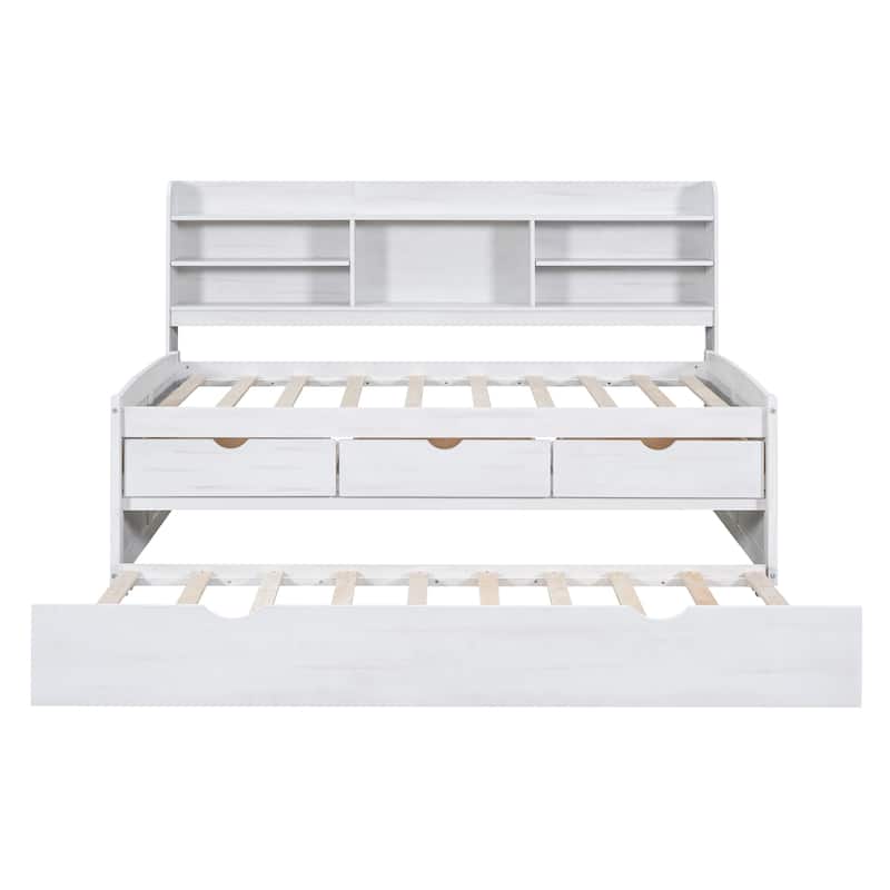 White Twin Pine Wood Captain Bed with Bookshelves, 3 Drawers, Trundle
