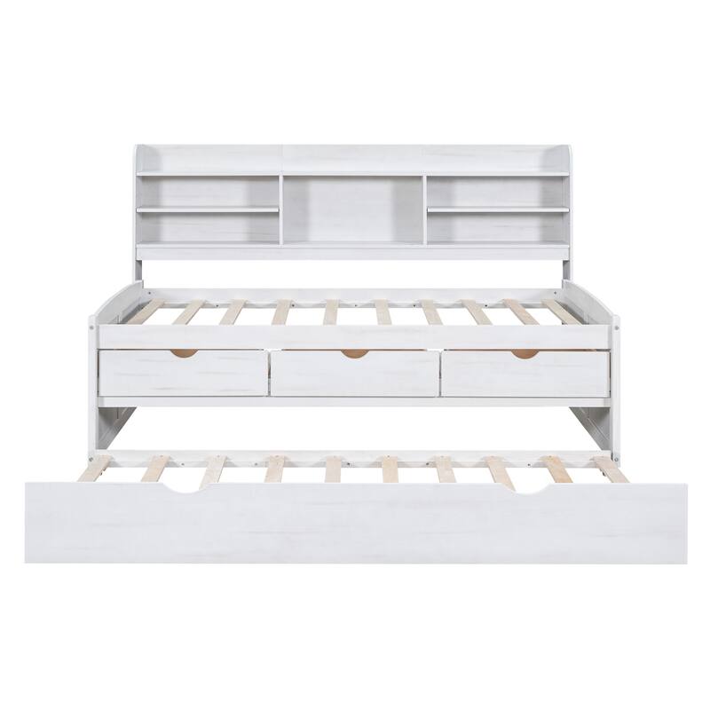 White Washed Twin Size Wooden Captain Platform Bed with Built-in Bookshelves, Three Storage Drawers and Trundle