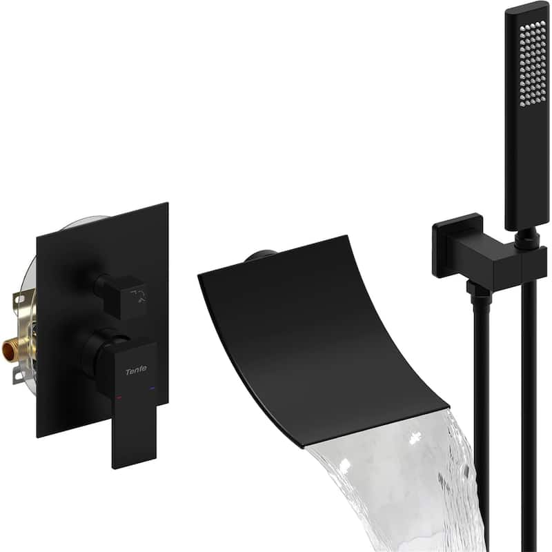 Wall Mounted Tub Faucet with Hand Shower Waterfall Tub Filler Single Hnadle Bathtub Faucet Matte Black