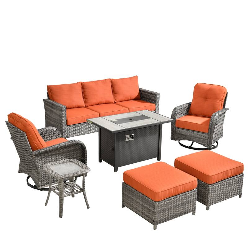OVIOS 7-piece Patio Wicker Swivel Rocking Chair Set With Fire Pit