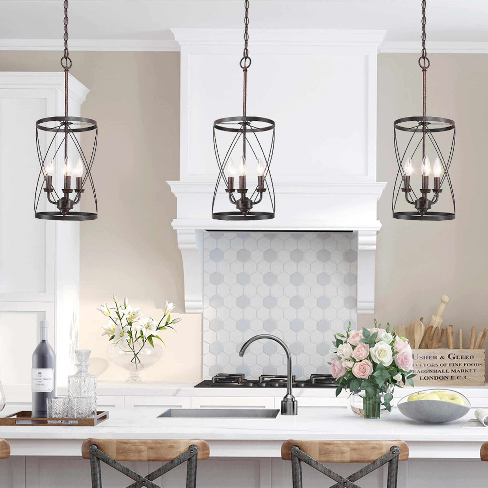 Modern Farmhouse Cage Pendant Chandelier Island Lights for Dining Room - Rust - W 9.1"x H 24.4"