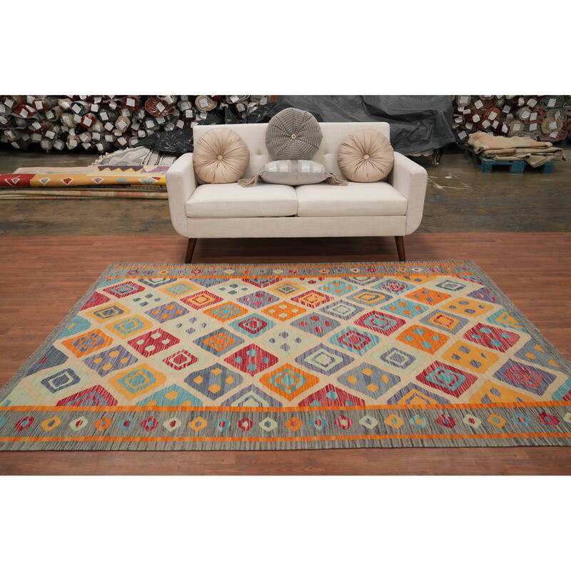 Hand Woven Oriental 100% Wool Carpet Southwestern Tribal Multi-Colored Kilim Area Rug - 7' 10'' X 5' 10''