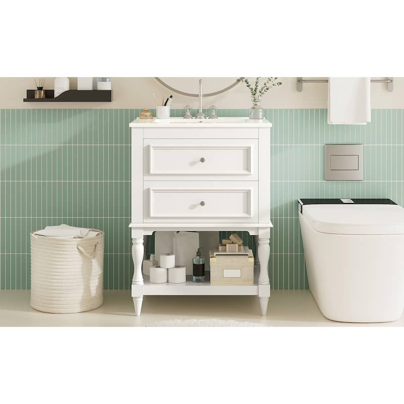 24" Bathroom Vanity with Ceramic Sink, Bathroom Storage Cabinet with Open Shelf, Retro Design Bathroom Cabinet with 2 Drawers