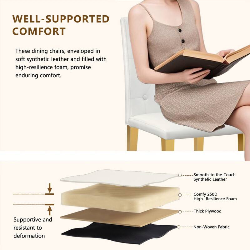 4-Pack Modern PU Dining Chairs with Ergonomic Buckle Backrest & Gold Metal Legs