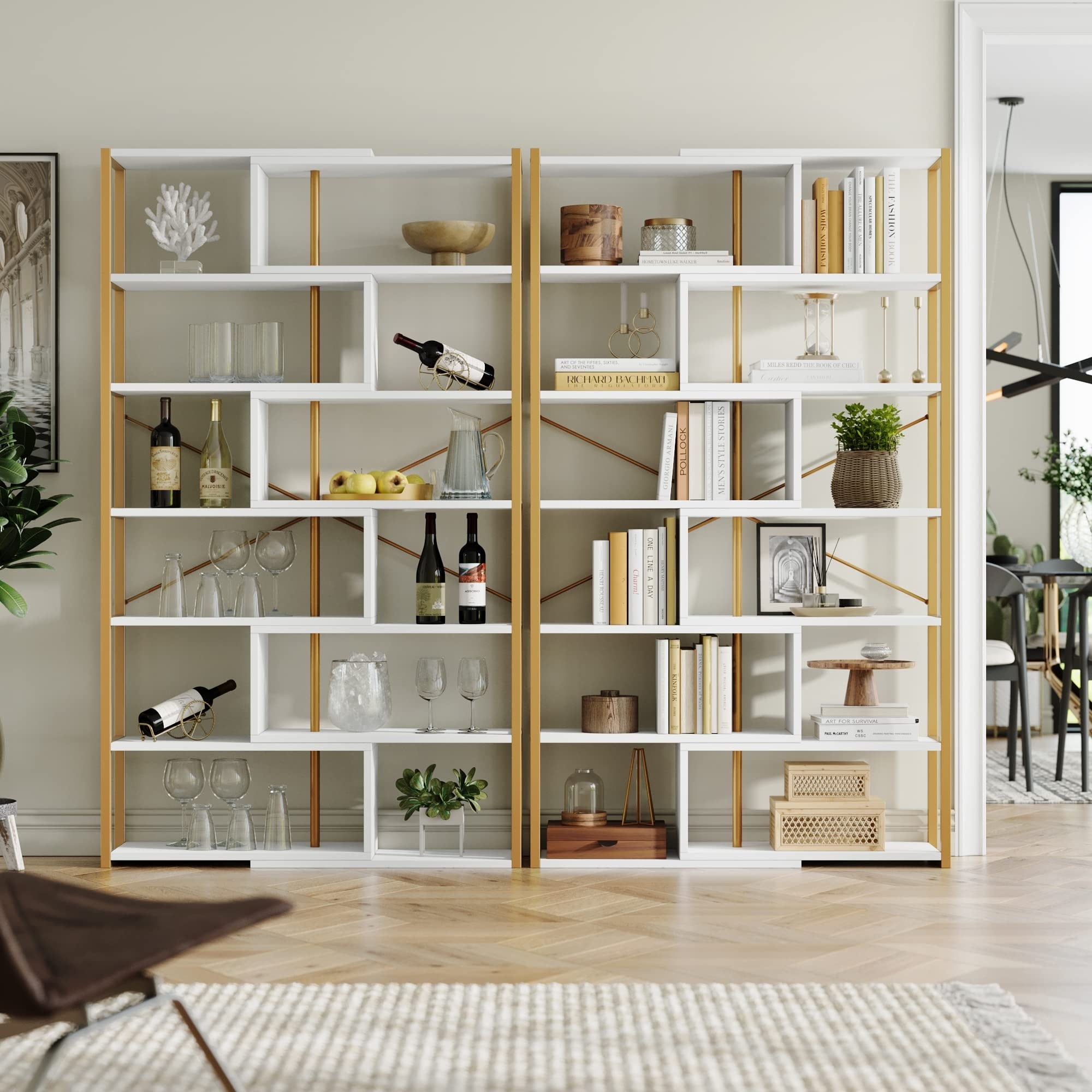 Industrial 7-Tier Rotating Bookshelf, L-Shaped Corner Bookcase