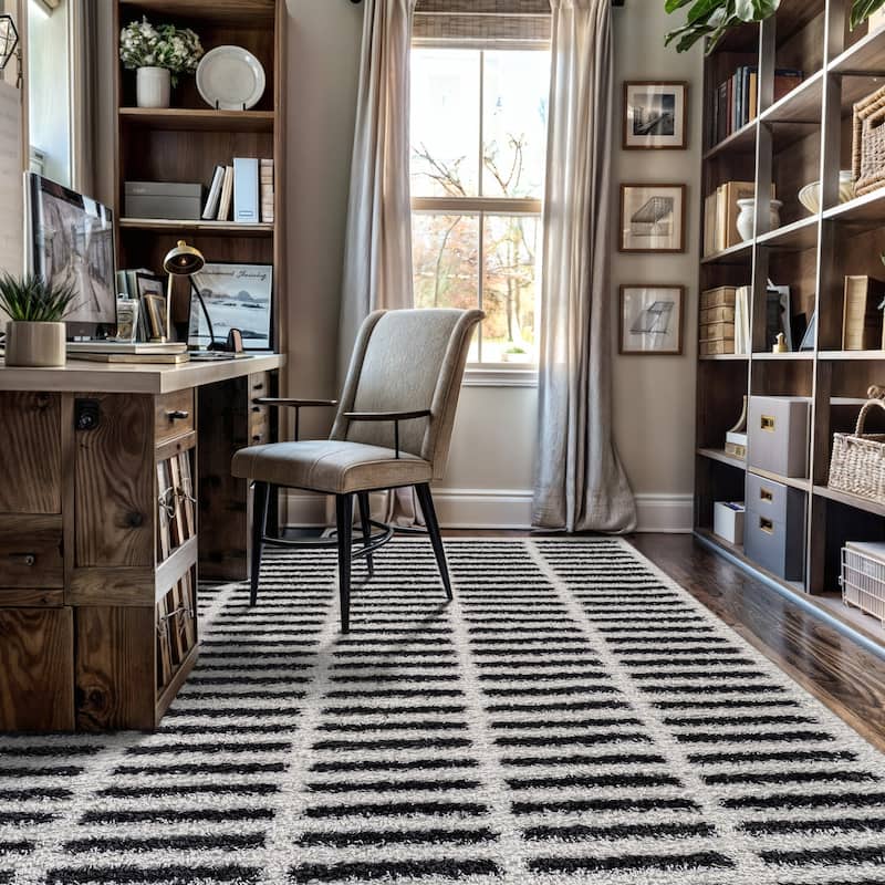 Bohemian Stripe Lines Shag Rug - Textured Surface - Anthracite Dark Gray - Easy to Clean