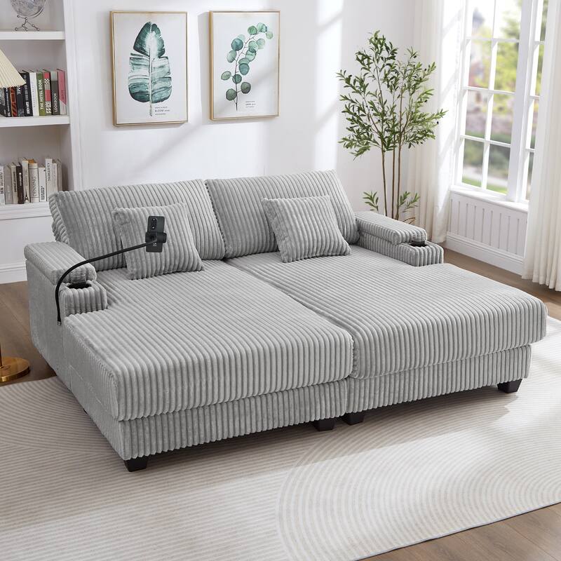 Corduroy Chaise Lounge Sofa Loveseat Sleeper Sofa with Adjustable Backrest, Cup Holders, Phone Holder and Dual Storage Armrest
