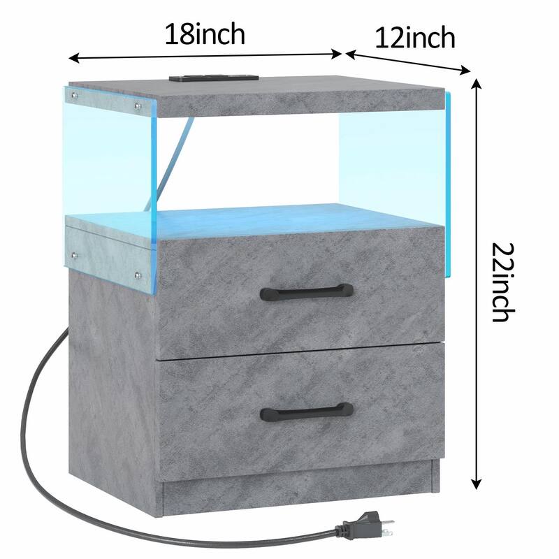 LED Nightstand with Adjustable Colors, 2 Drawers & Power Outlets