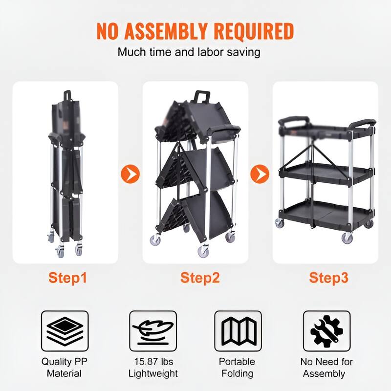 Black Polypropylene Foldable Utility Cart with 3 Shelves and Lockable Wheels - 25.62” L x15.43” W x32.76” H