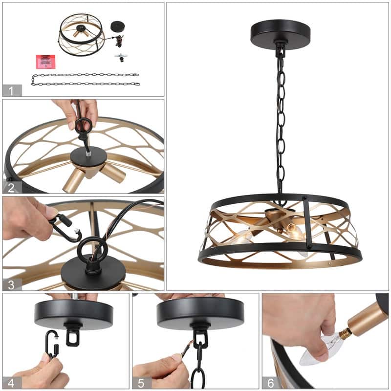 Modern Farmhouse Drum Geometric Chandelier Black Gold Semi-Flush Mount Foyer Ceiling Light - D15.5"x H7"