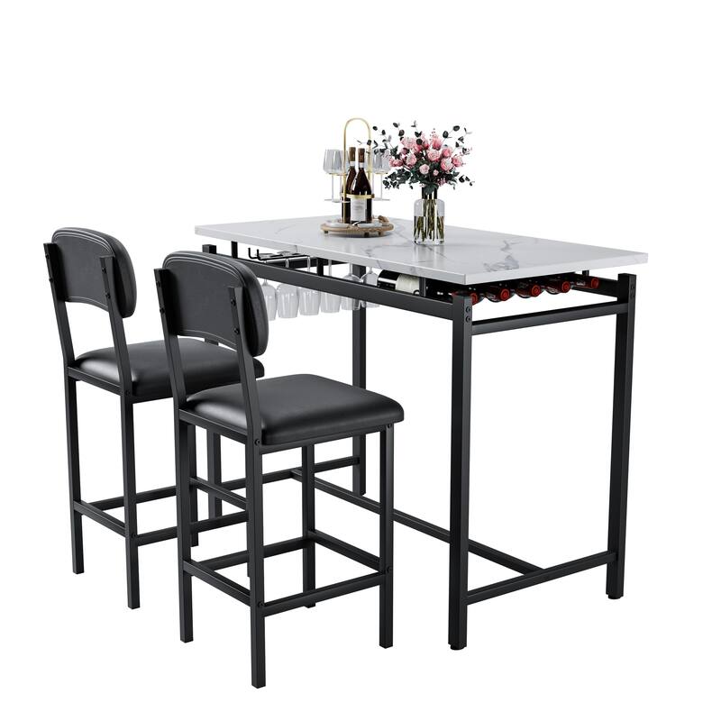 Kitchen Dining Table Chair Set, 3 Piece Counter Height Table Set with Storage Shelves and 2 Upholstered Chairs