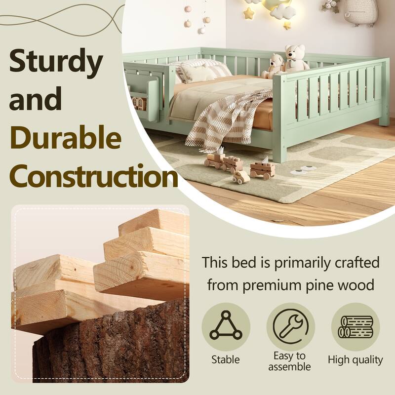 Full bed with built-in bookshelf and high-quality safety guardrail