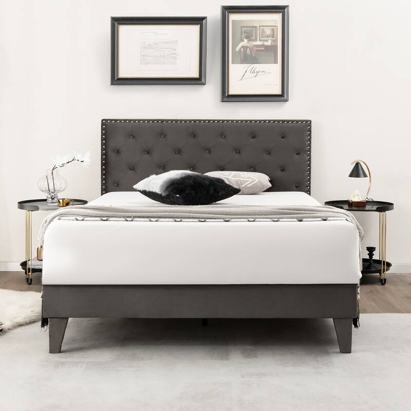 Costway Bed Frame Upholstered Platform Bed with Tufted Headboard