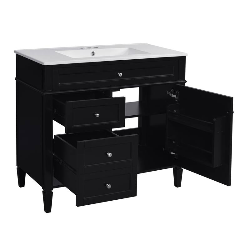 Modern Single Sink Bathroom Vanity Cabinet with Door Rack, Tip-out Drawer, 2 Pull-out Drawers, Metal Knobs and Adjustable Shelf