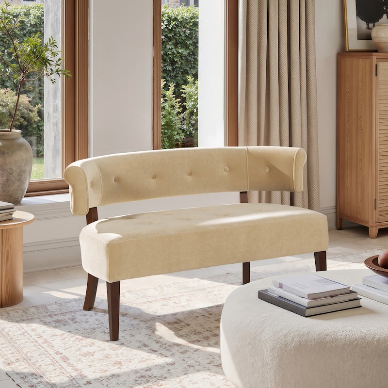 Roll Arm Tufted Bench Settee,Performance Velvet - Brown