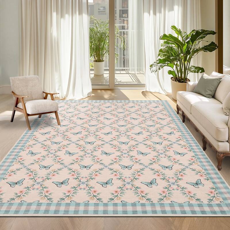 Butterfly Pattern Rugs for Living Room, Modern Floral Area Rug, Washable Border Plaid Non Slip Floor Carpet - 10'x13' - Blue Pink