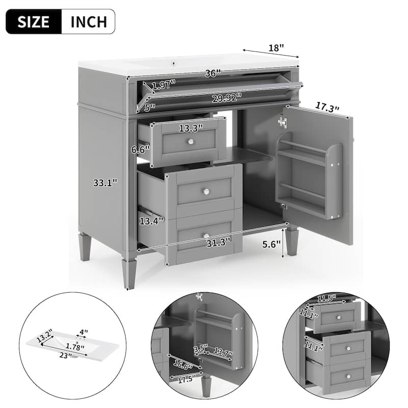36''Bathroom Vanity With Top Sink, Modern Bathroom Storage Cabinet With 2 Drawers And A Tip-Out Drawer,Single Sink