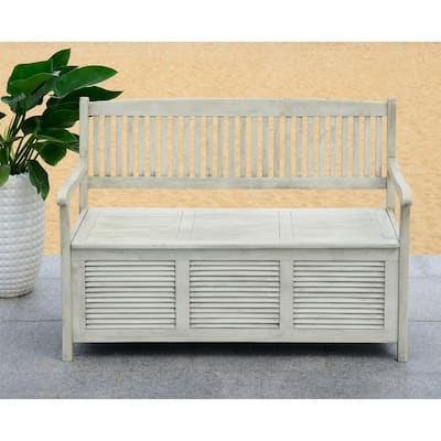 SAFAVIEH Outdoor Living Brisbane Distressed White Storage Bench - 50" x 24" x 35.2"
