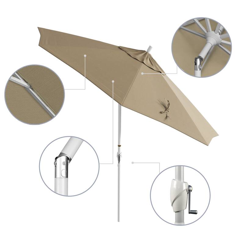 California Umbrella 9' Round Crank Lift Push Button Tilt White Aluminum Patio Umbrella with Olefin Royal Blue Fabric