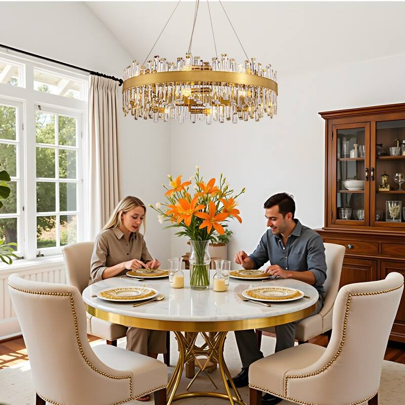 32 in. 2-Tier Modern Crystal Chandelier Brass Gold Round Crystal Raindrop Chandelier Contemporary Pendant Light for Dining Room