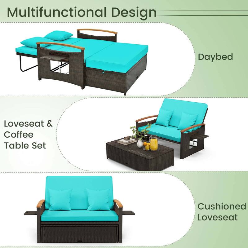 Costway Patio Rattan Daybed Set with Cushioned Loveseat & Storage - See Details
