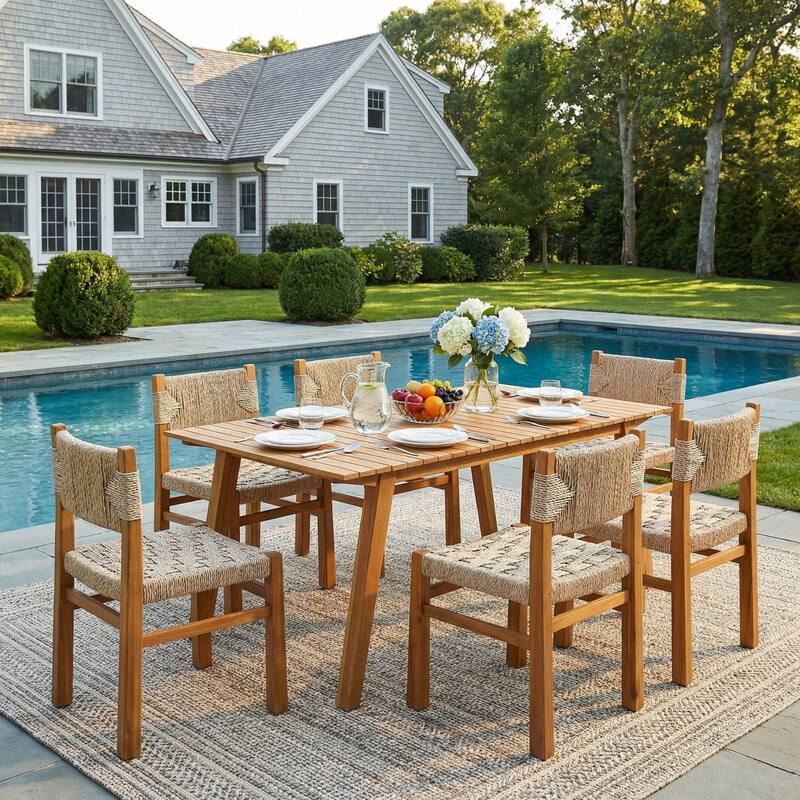 Christopher Knight Home - 7-Piece Rustic Acacia Wood Outdoor Dining Table Set with Wicker Woven Dining Chairs - Light Brown+Teak Finish