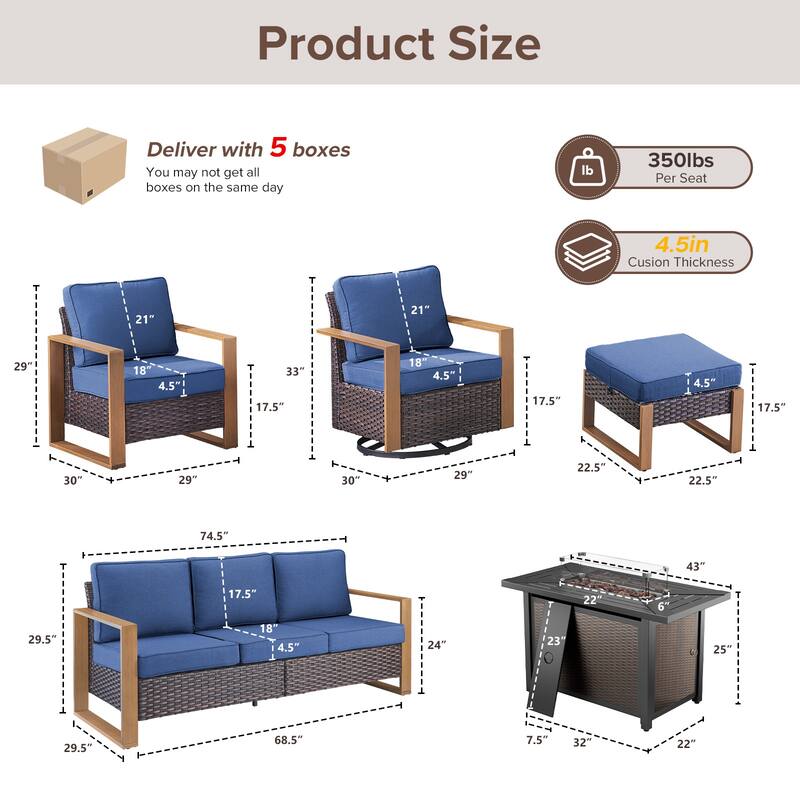 Meyreso Wicker Outdoor Patio Metal Fire Pit Set with Swivel Gliders and Olefin Cushions