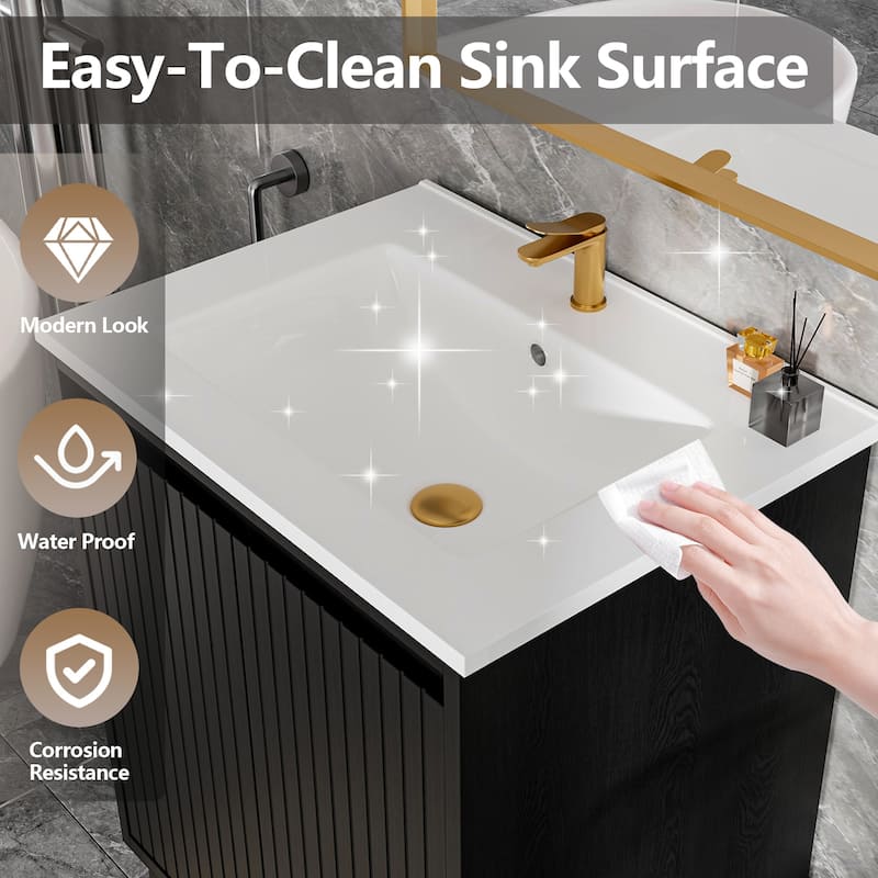 24 Inch Bathroom Vanity with Sink, Floor Standing MDF Cabinet with Soft-Close Drawers and Modern Design