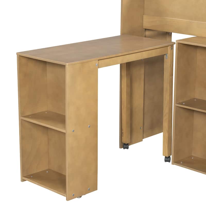 Full Size Wood Kids Loft Bed Frame with Pull-out Desk, Multiple Storage Bookshelf Built-in LED