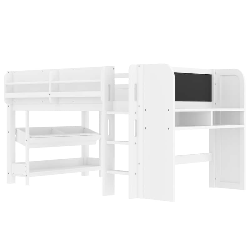 Twin Loft Bed with Multi-storage Bookcases, Boxes and Drawers, Solid Wood Low Loft Beds with Desk and Blackboard
