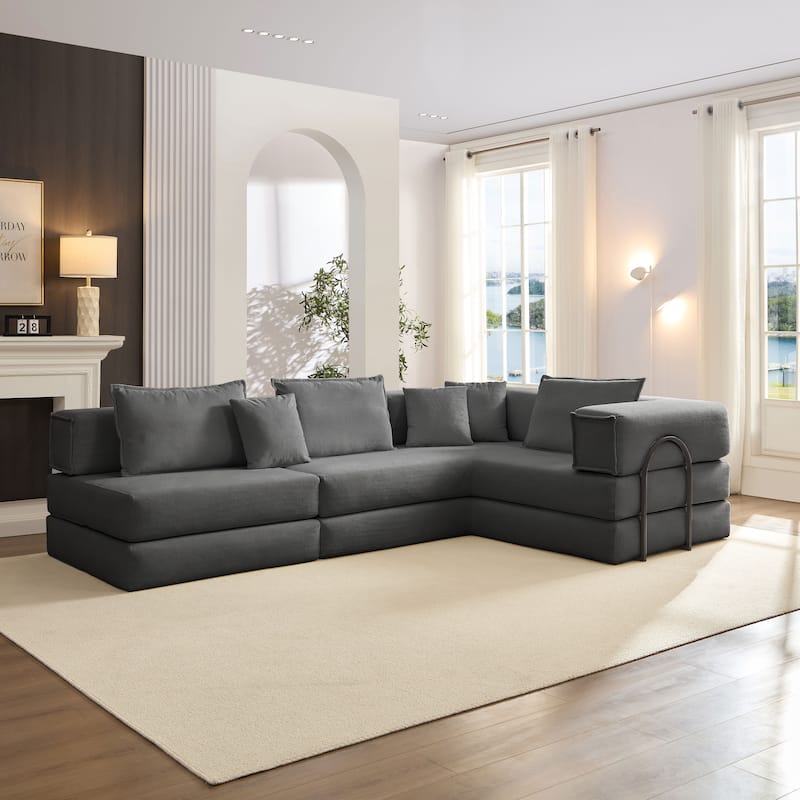 DIY Modular Corduroy L-Shaped Floor Sofa Set with 6 Pillows