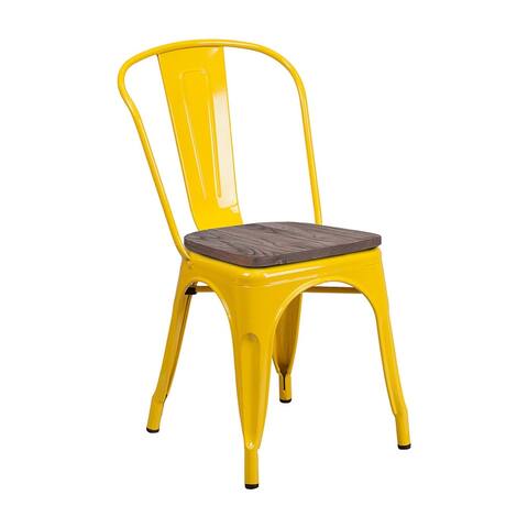 Offex Modern Rustic Metal Bistro Stackable Chair with Wood Seat - Yellow
