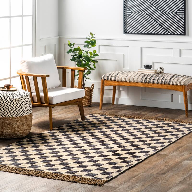 Nuloom Connie Checkered Wool/Jute Tasseled Area Rug - 5' x 8' - Grey